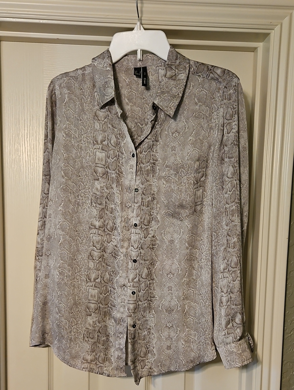 W Collection Taupe Snake-Print Button Front Blouse